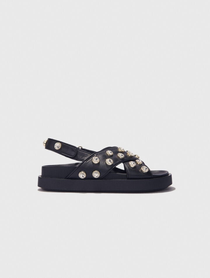Flat leather and rhinestone sandals
