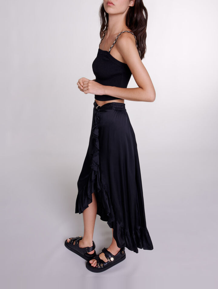 Long satin-effect ruffled skirt