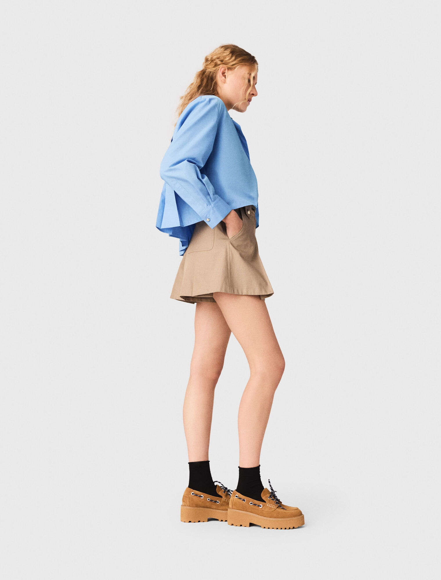 Pleated cotton shorts