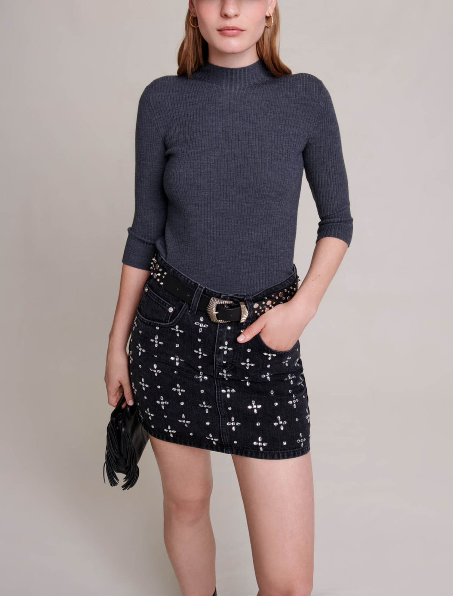 Short denim skirt with rhinestones
