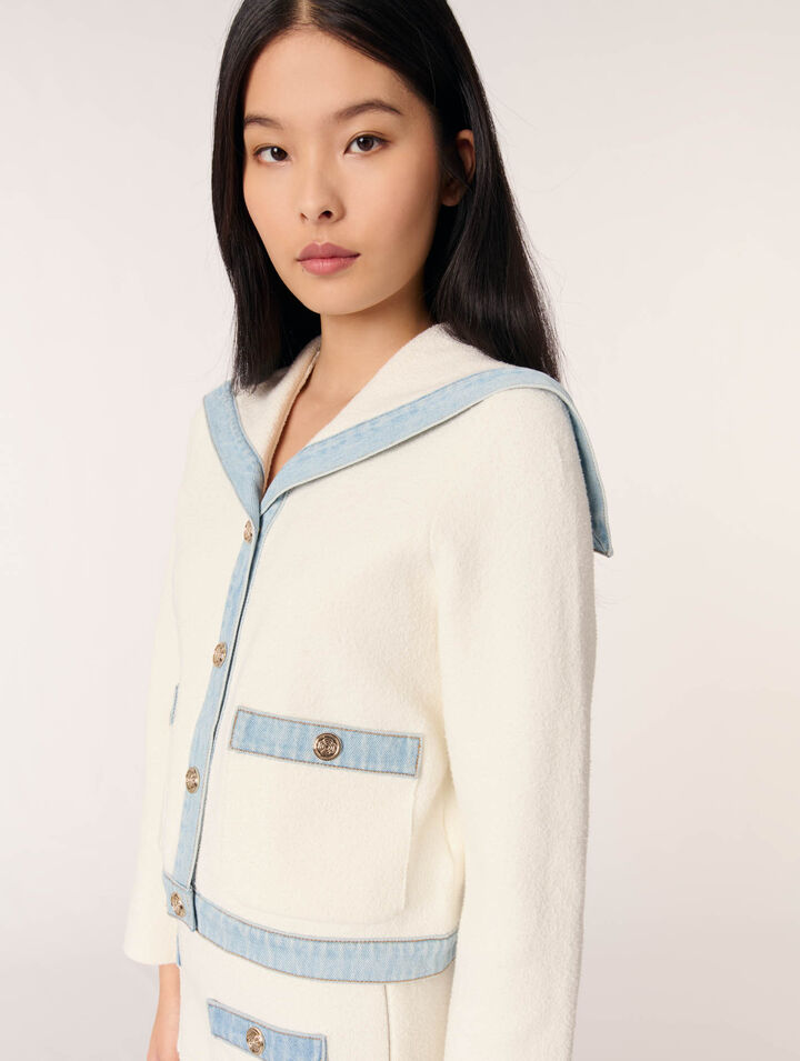 Crew-neck denim-detail cardigan