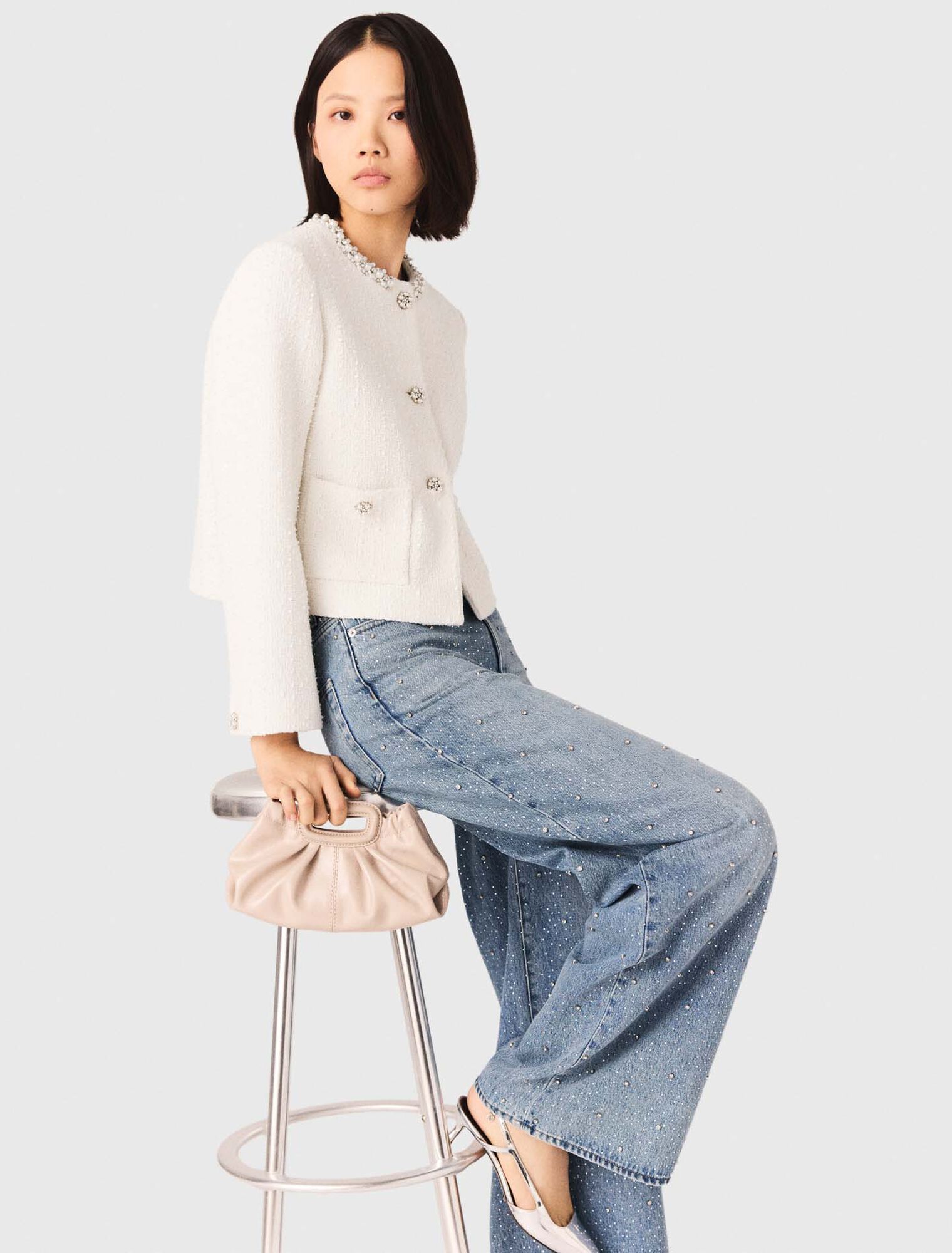 Pearl-trimmed tweed jacket