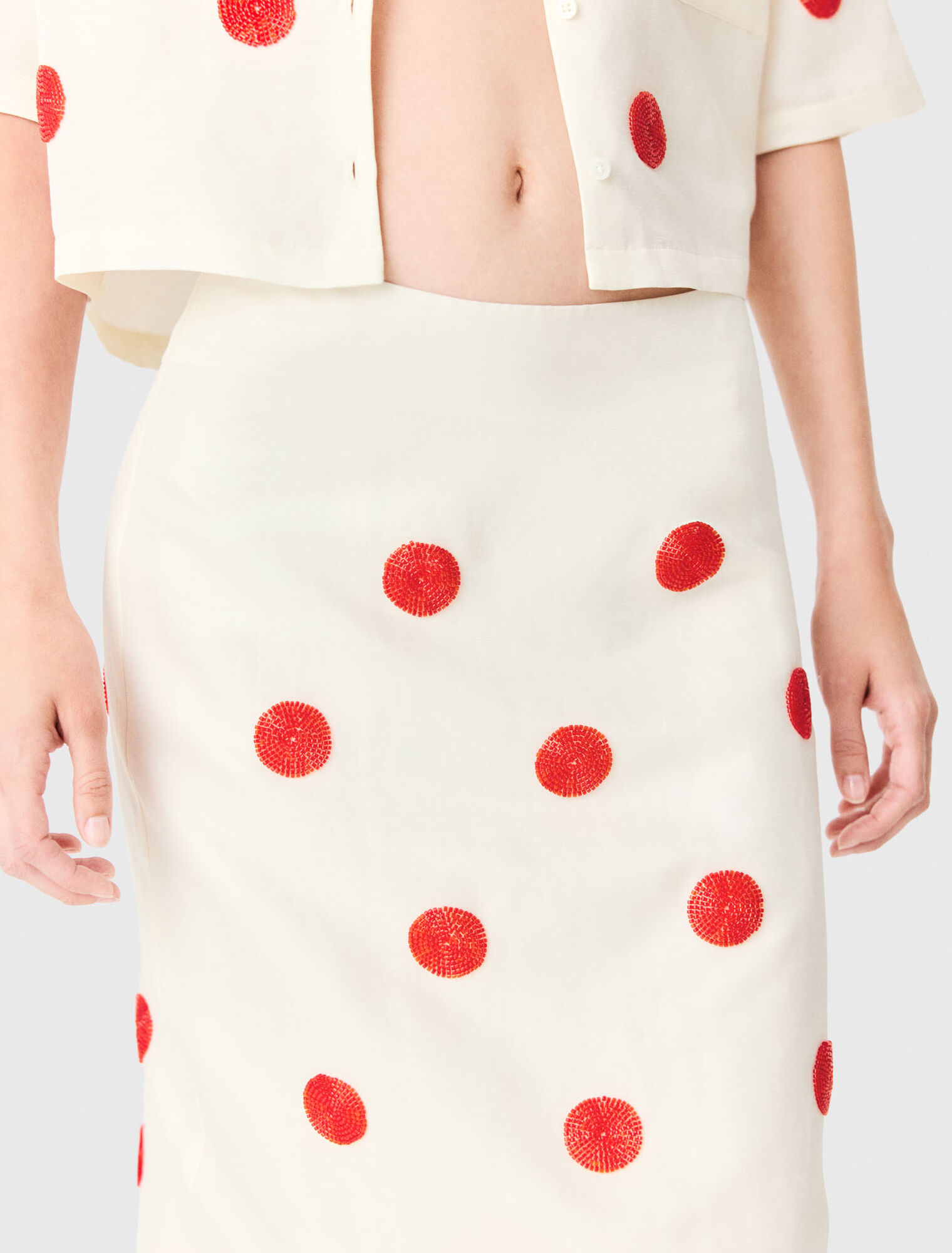 Embroidered linen-silk pencil skirt