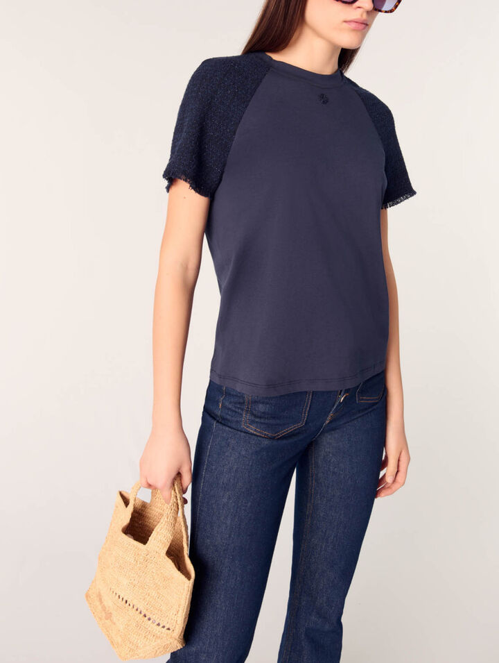Tweed-sleeved T-shirt