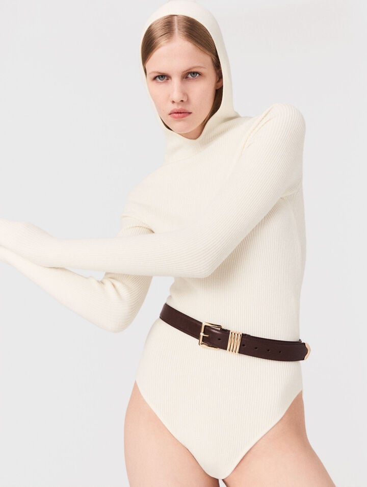 Hooded ribbed-knit bodysuit
