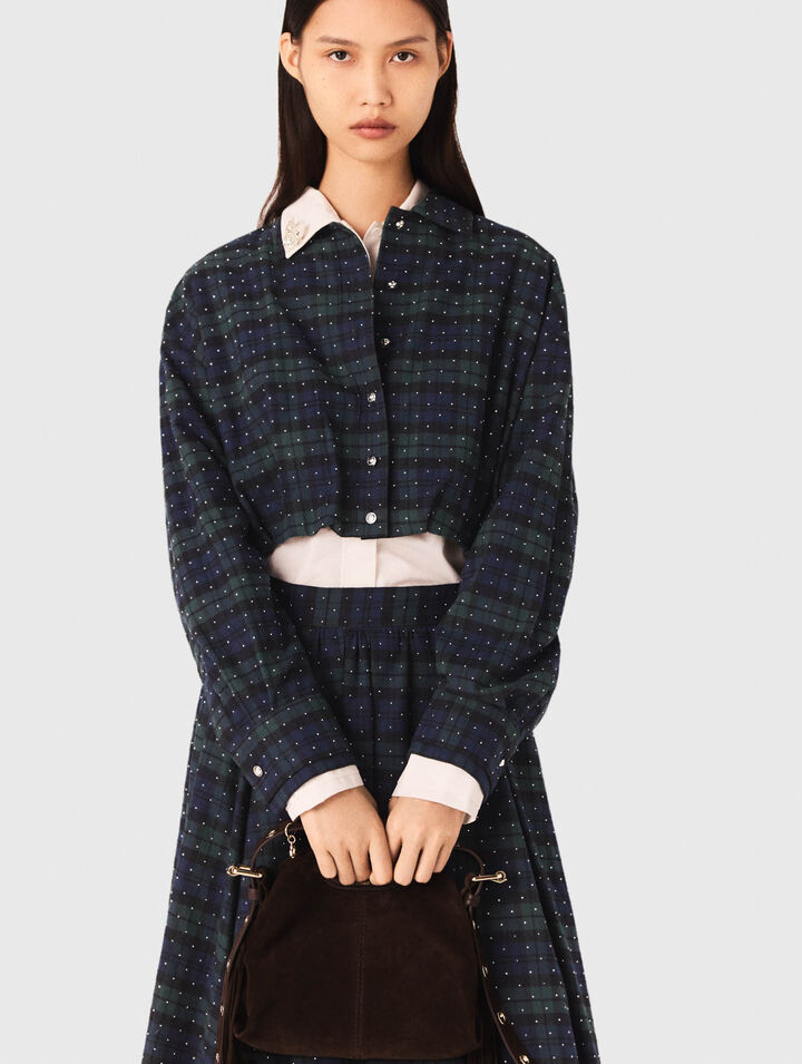 Checked rhinestone cropped shirt