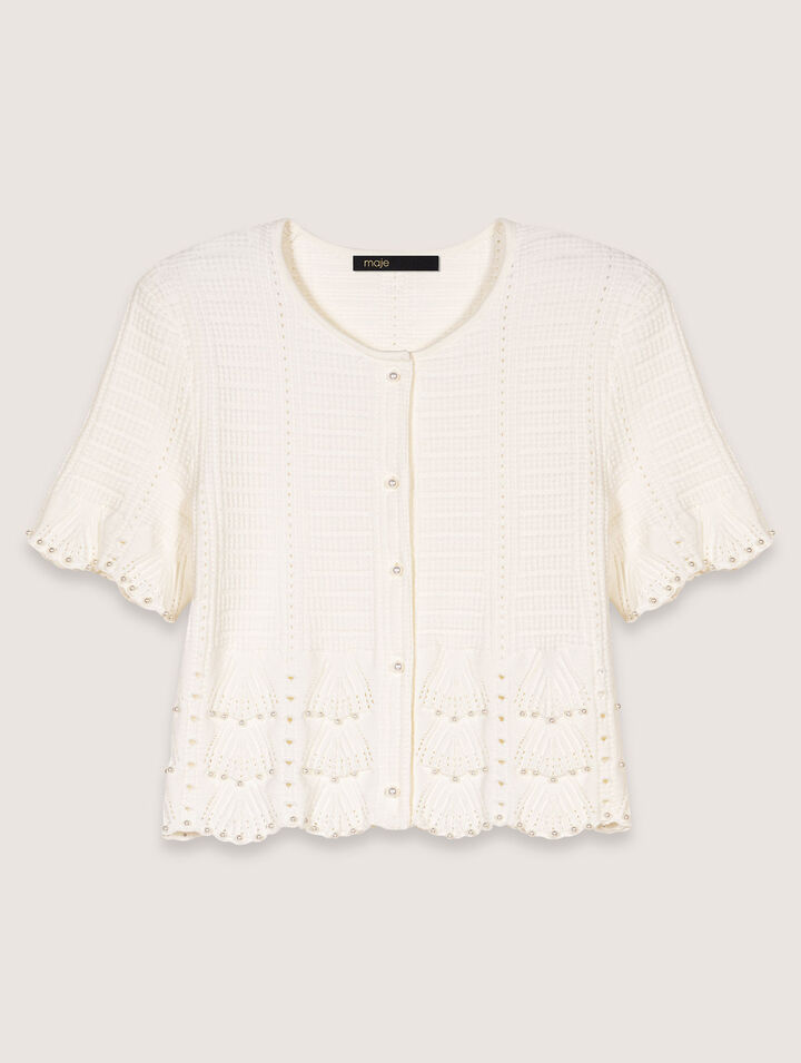 Beaded pointelle knit cardigan