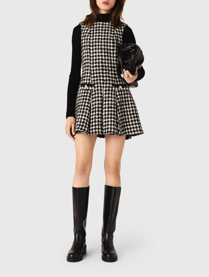 Flared houndstooth tweed dress