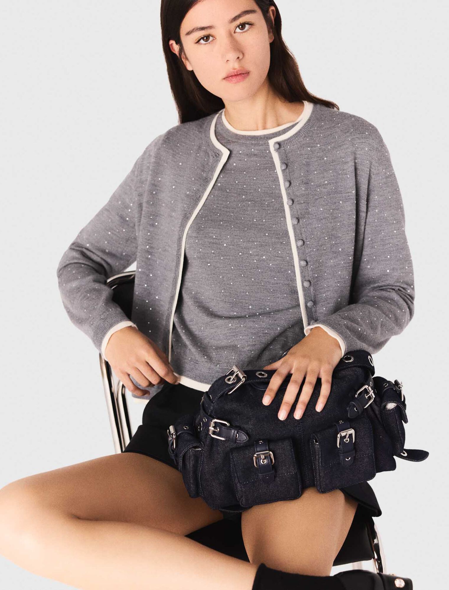 Knit cardigan with rhinestones