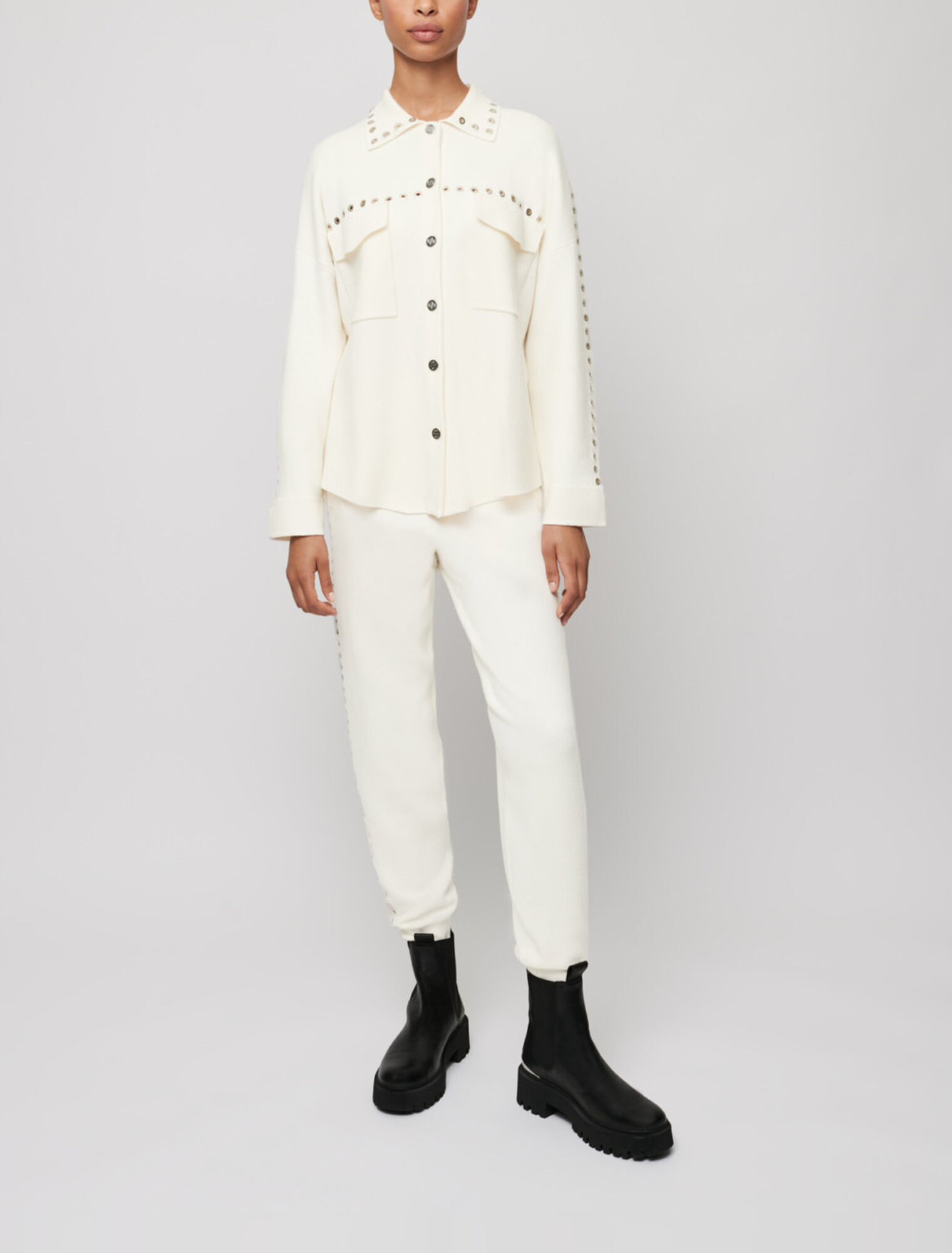 Ecru eyelet knit jogging pants