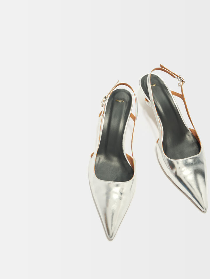 Silver leather strappy heels