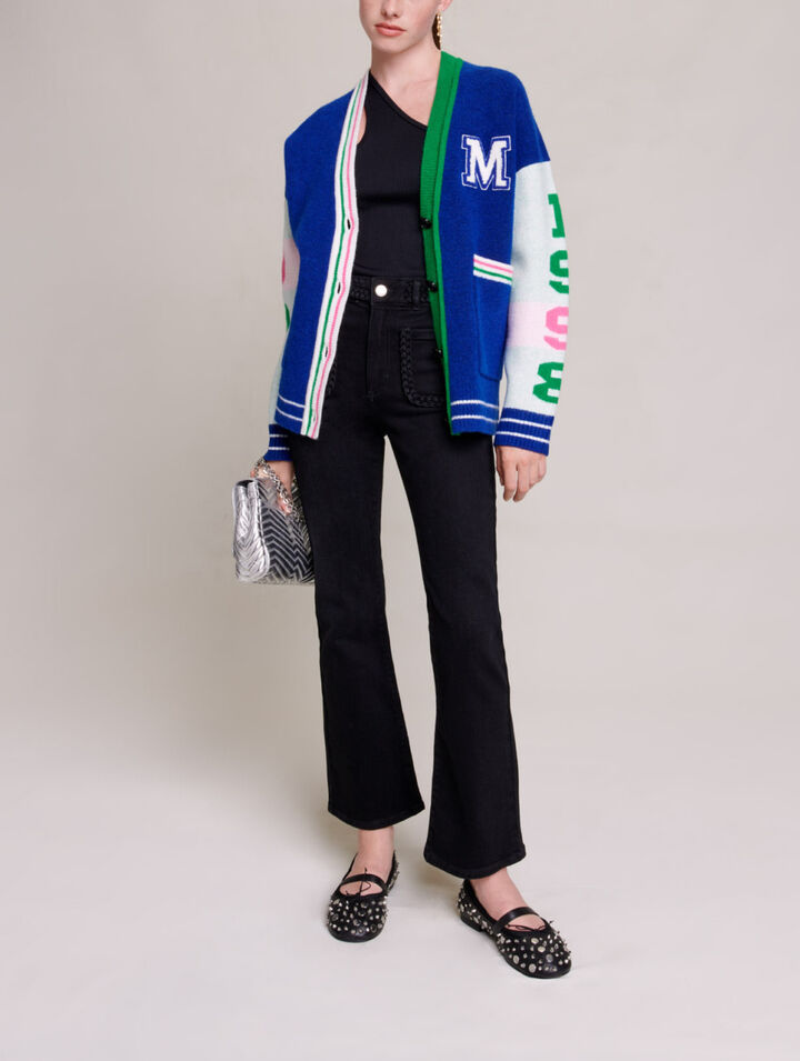 Black jeans, braided finishes on pockets