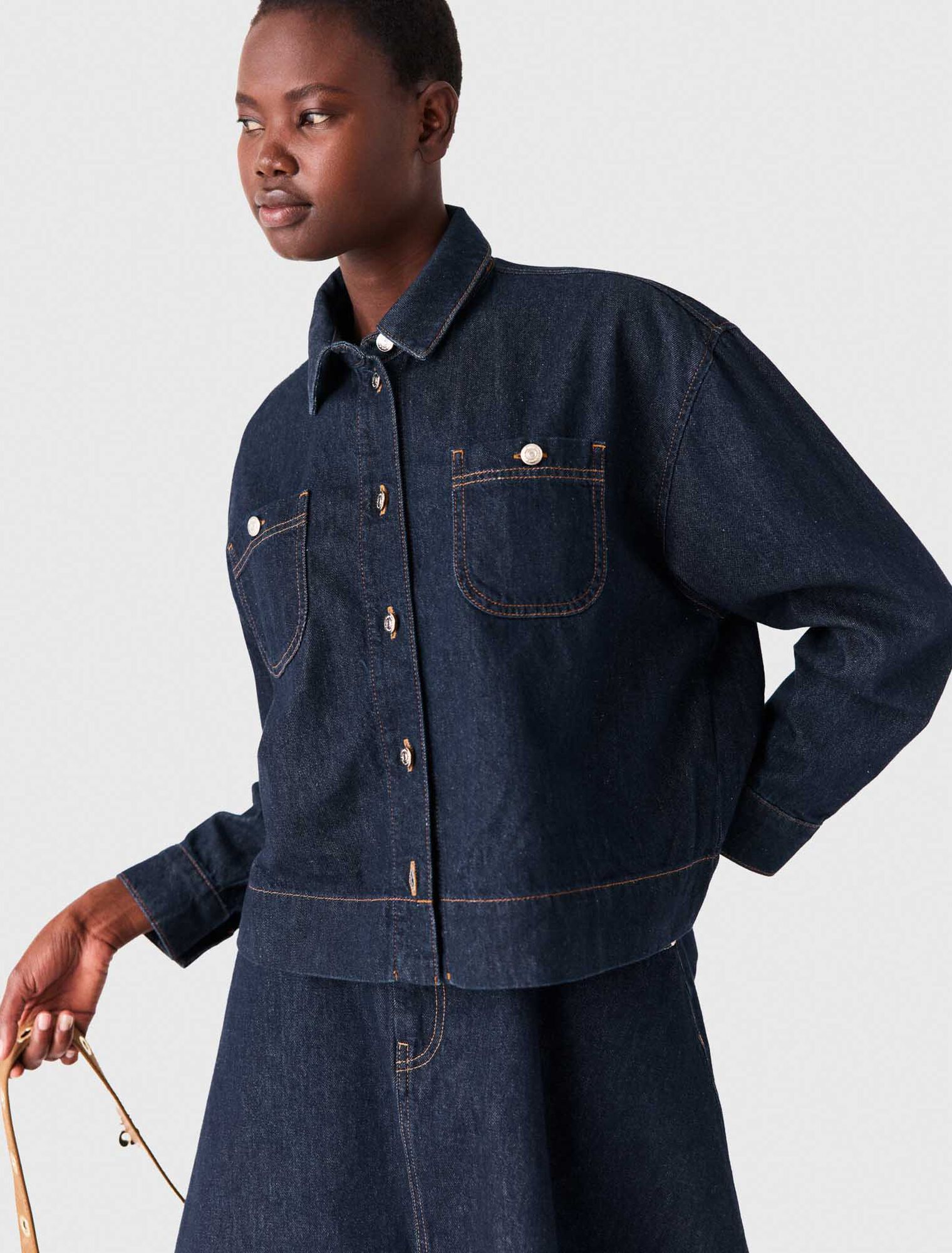 Denim shirt with pussy bow