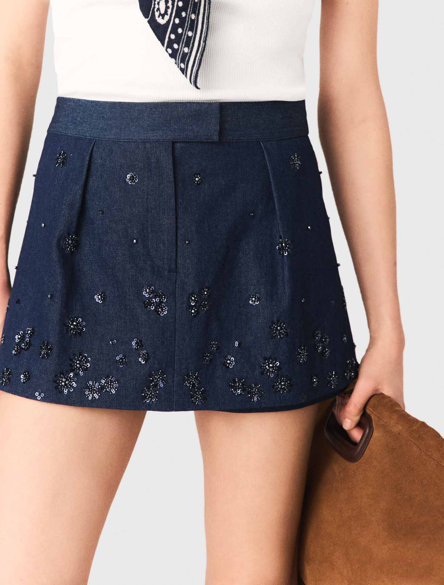 Embroidered layered denim shorts