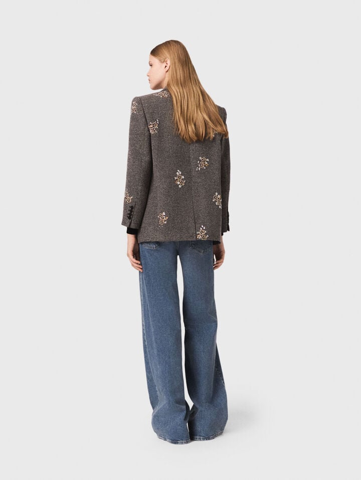 Flower-embroidered wool jacket