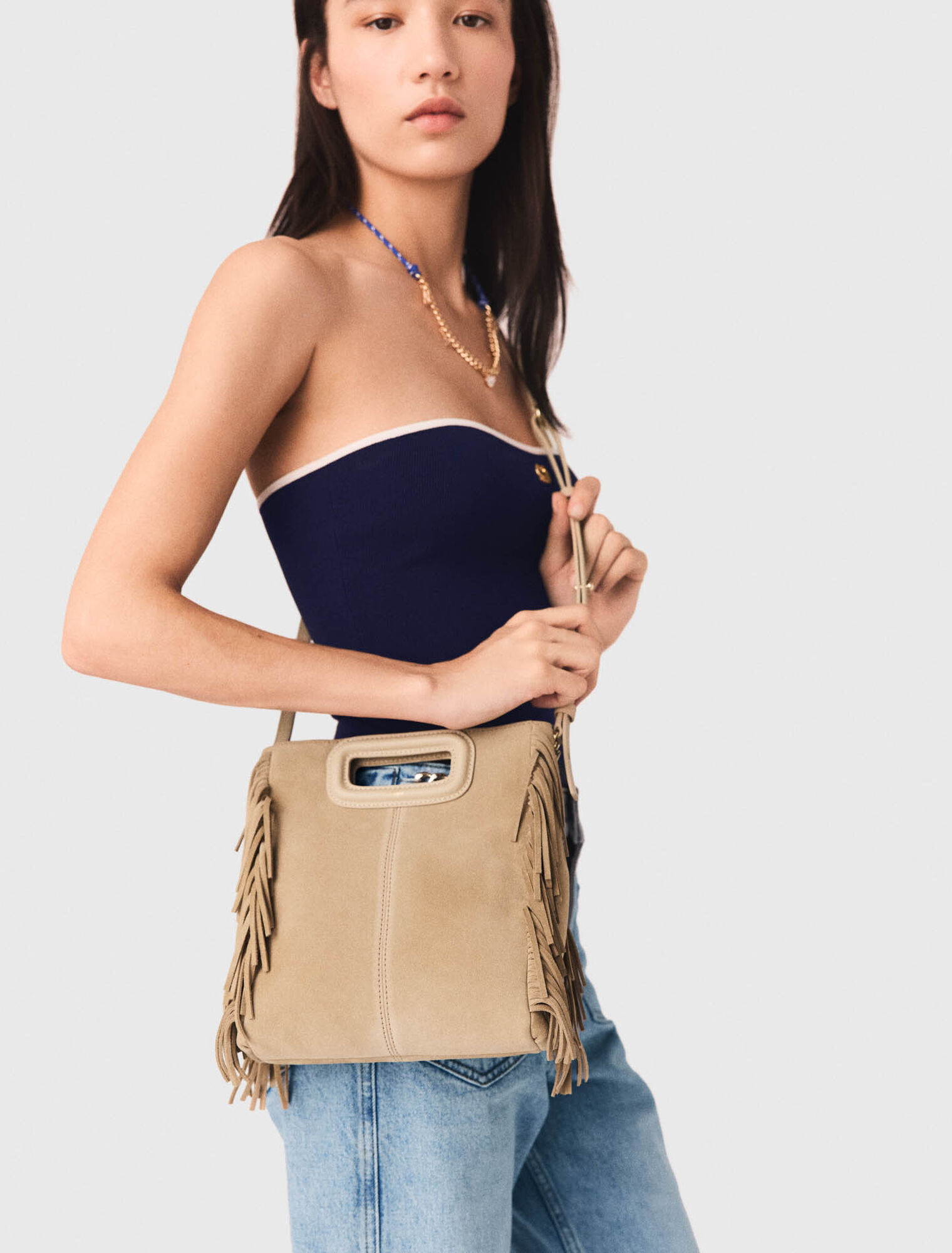 Fringed M bag in suede