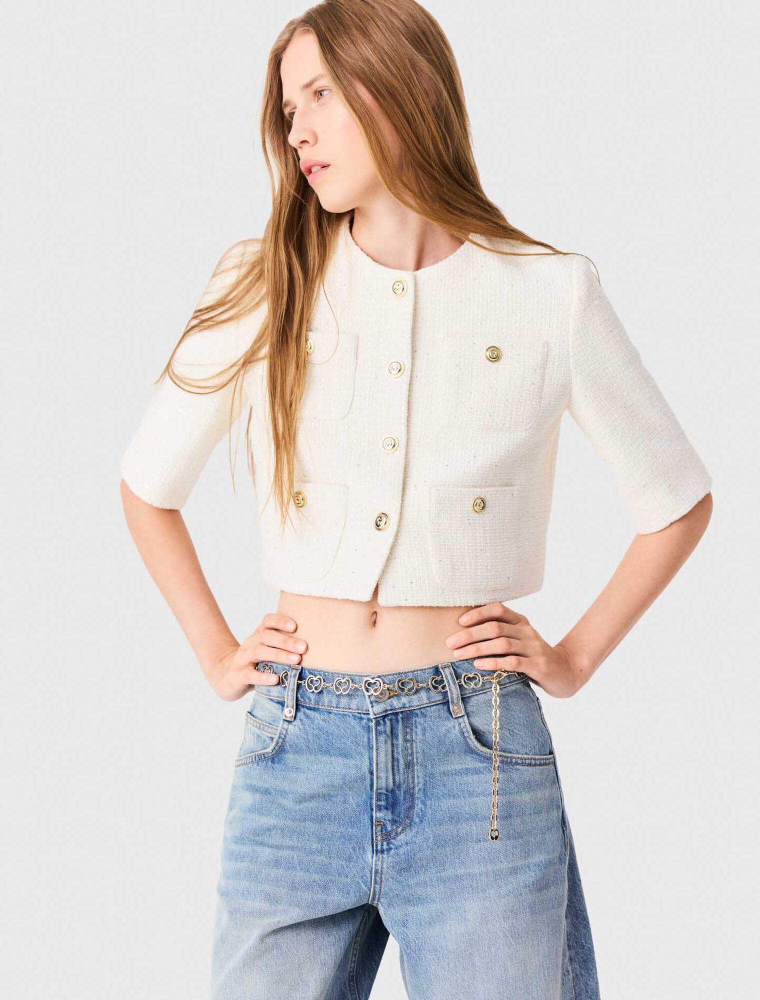 Short-sleeved tweed jacket